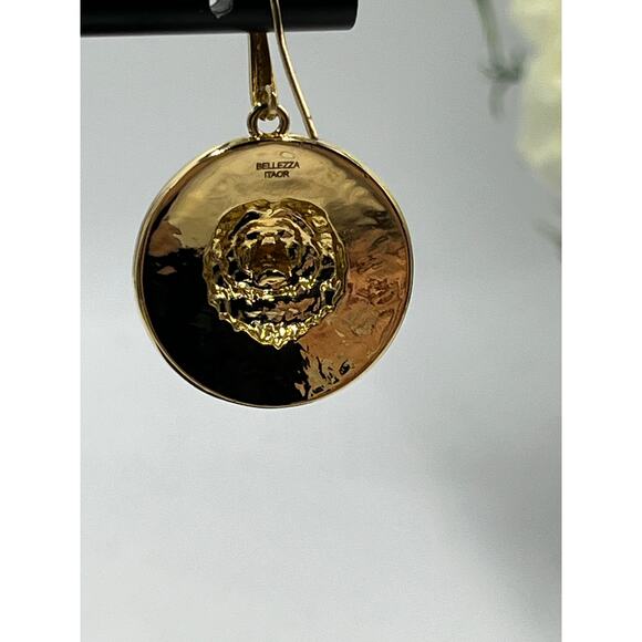 Bellezza Relief Framed Lion's Head Face Black Enamel Greek Key Dangle Earrings - Picture 9 of 11